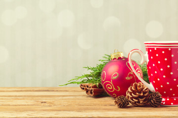 Christmas holiday background with cofee cup and ornaments - Powered by Adobe