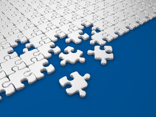 Damaged assembling of puzzle. 3D Illustration on blue background