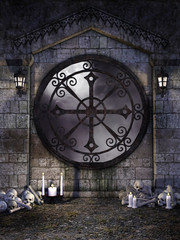 Gotyckie okno z czaszkami i świecami