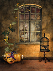 Pokój z klatką, krukiem i dyniami na Halloween - obrazy, fototapety, plakaty