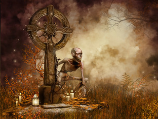 Grób z gotyckim krzyżem i potworem zombie © Obsidian Fantasy