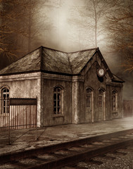 Stara stacja kolejowa w lesie - obrazy, fototapety, plakaty