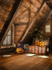 Drewniane poddasze z dekoracjami na Halloween - obrazy, fototapety, plakaty