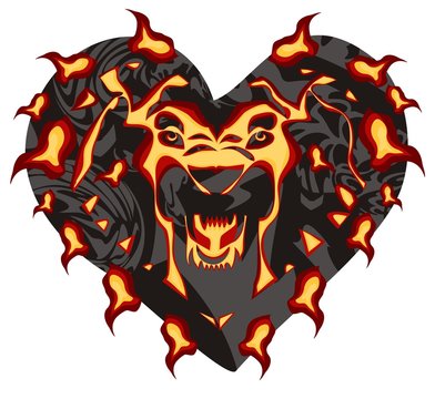 Flaming lion head in the form of heart