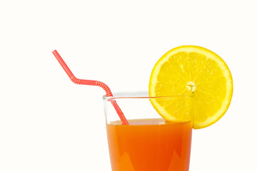 Orange juice and slices of orange on white