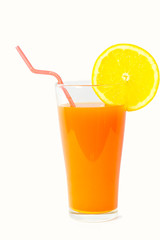 Orange juice and slices of orange on white