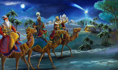 Illustration of the holy family and three kings