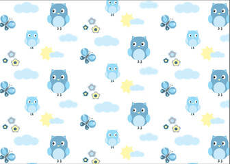 Babyboy owl and a butterfly seamless pattern