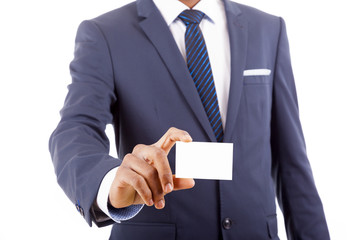 Businessman showing business card - closeup shot on white backgr