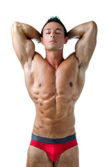 Attractive young man with eyes closed, naked on white