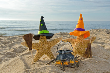 Obraz premium Halloween starfish witches with brooms