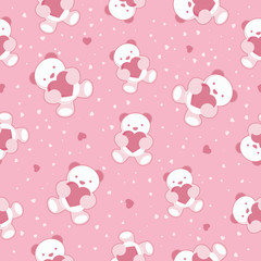 Seamless Pink Baby Background with teddy bear and hearts.