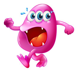 A three-eyed pink beanie monster trying to escape