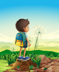 A boy with a backpack standing above a stump