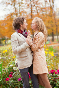Romantic couple at fall, having a date