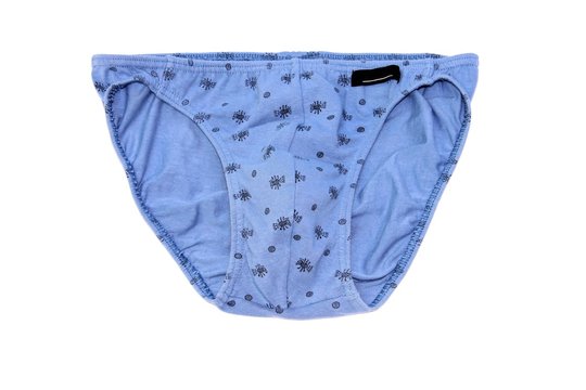 Blue mens panties (slips) with print on a white background