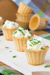 Tasty appetizer, tartlet with cheese, dill and garlic