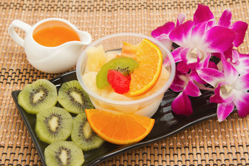  pudding fruit salad with orange juice, fusion dessert