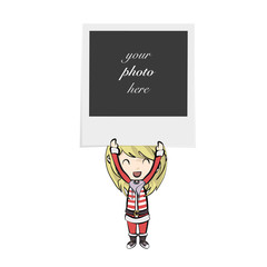 Boy with Santa Claus costume holding a photo. Vector design