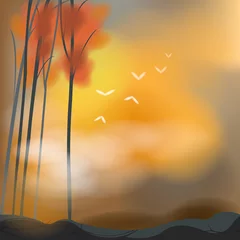 Papier Peint photo Oiseaux dans la forêt Fond d& 39 automne stérile dans la scène du coucher du soleil, créer par vecteur