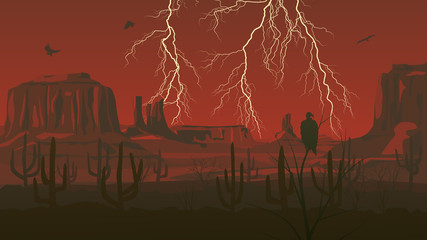 Horizontal illustration of prairie wild west with thunderstorm l
