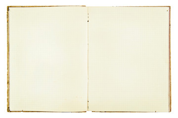 open old squared exercise book on white background