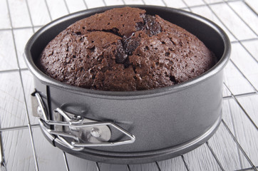 baked chocolate cake in a baking tin