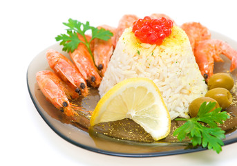 cooked rice with shrimp and salmon roe close-up