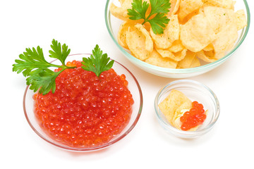 red caviar and potato chips on a white background
