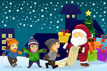 Santa Claus carrying present and holding a name list with kids a