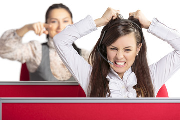 Enraged call center woman operator. Bad day at work