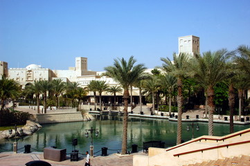 View of the hotel Burj Al Arab from Souk Madinat Jumeirah.