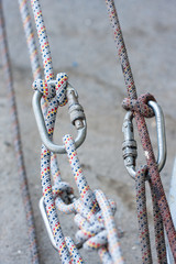 Climbing equipment - knot, rope, carabiner.