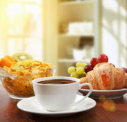healthy breakfast with coffee in sunny morning