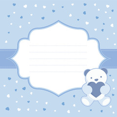 Blue greeting card with teddy bear for baby boy. Baby shower.