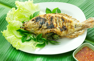fish grilled with salt in plate , Thai food style