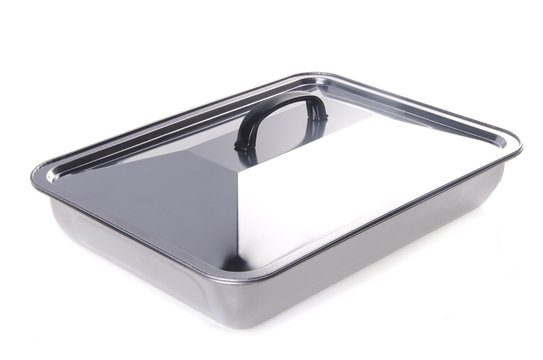stainless steel food containers on white background