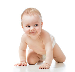 funny crawling baby boy isolated on white background