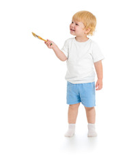 Baby boy with paint brush front view standing full length isolat