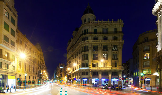 Night view of  Laietana street   in Barcelona