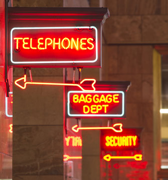 Red Neon Sign Indoor Depot Signage Arrow Points Baggage Telephon