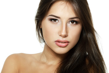 Fototapeta premium Beauty portrait of beautiful young fresh woman and long brown ha