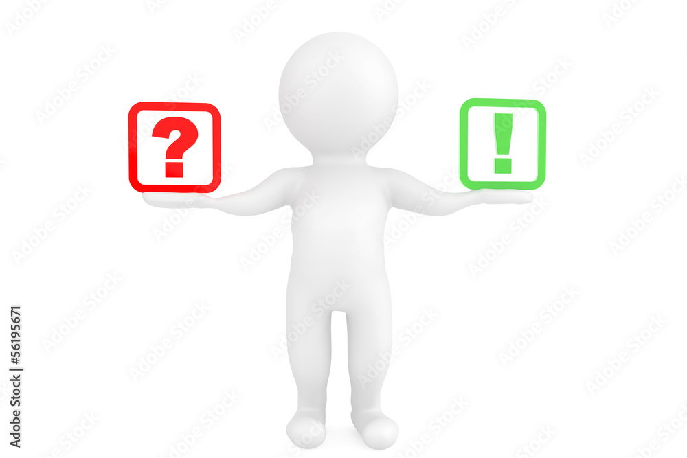 Poster 3d person with exclamation and question marks in hands