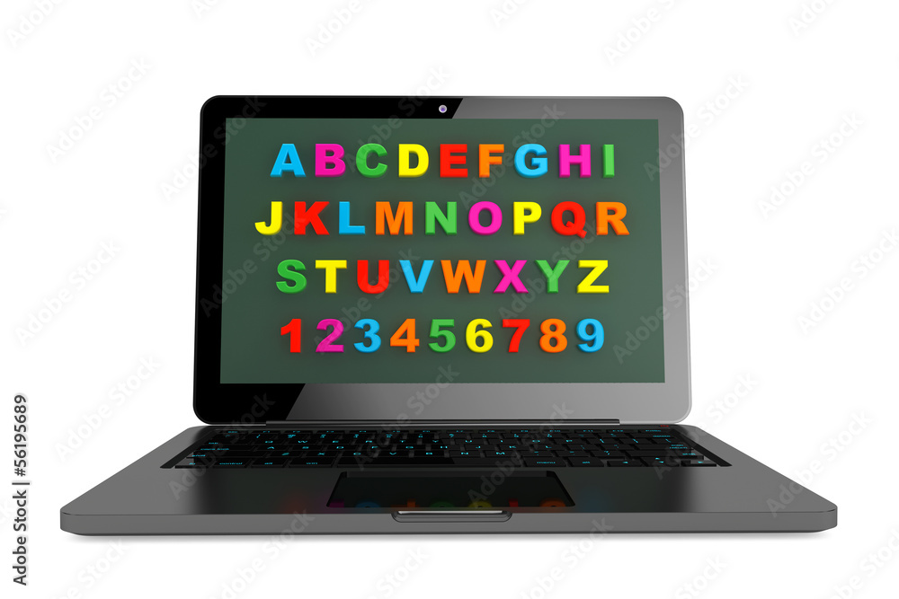 Poster ABC Learn Computer concept. Modern Laptop with alphabet