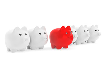 Right investment concept.  Piggy Bank in row