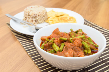 Extremely hot stir fried string bean with pork have rice and ome