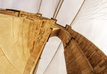 Fisheye lens photo of Brooklyn Bridge pylon in New York City