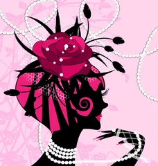 Rideaux velours Femme fleurs fille rose et perles