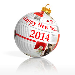 Newspaper happy new year 2014 ball on white background