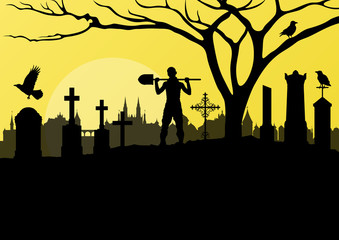 Halloween spooky graveyard, cemetery vintage background with gra